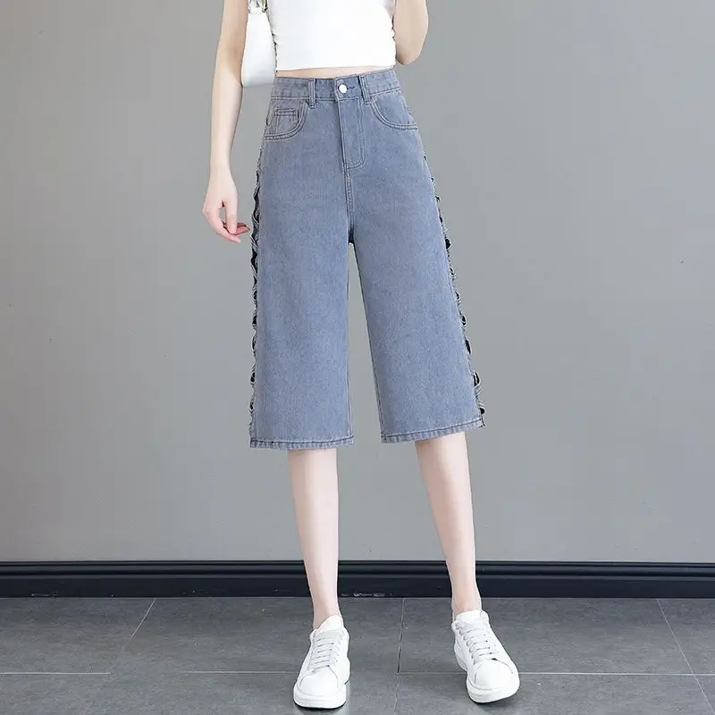 Blue High Waist Women Jeans Summer Thin Wide Leg Cropped Pants Side Cutout Denim Trousers New Design