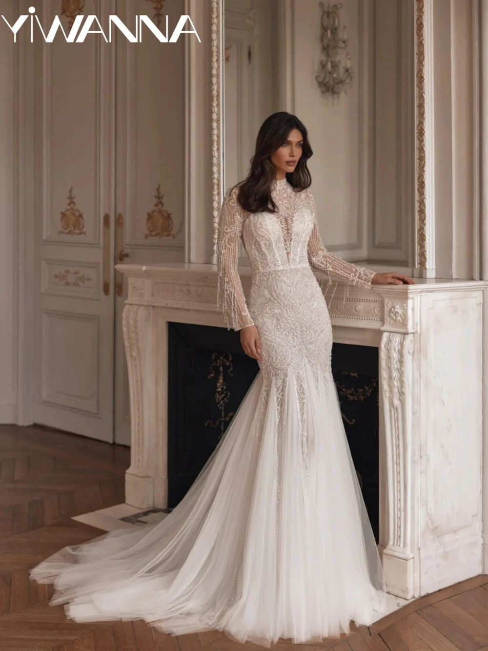 

New Arrival Opulent Wedding Dress Shinny Beaded Mermaid Bridal Gown Customized Dreamy High Collar Long Dresses For Bride