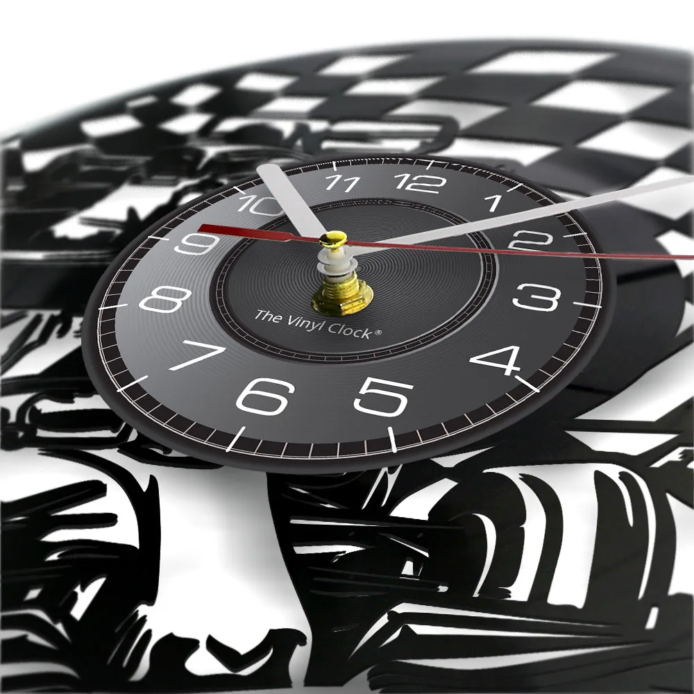 Sports Car Wall Clock Made Of Real Vinyl Record Auto Racing Checkerboard Designed Gramophone Record Wall Watch Gifts For Racers