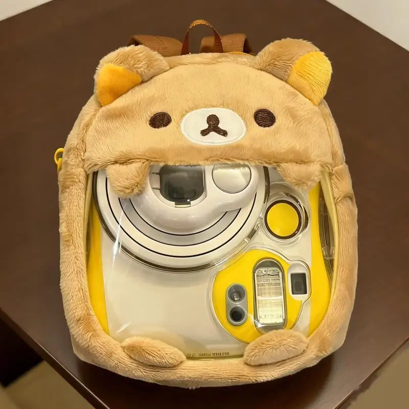 Kawaii Cartoon Bear Plush Mini Backpack Transparent Visible Pocket Camera Storage Lightweight Bag For Teen Girls Daily Outing