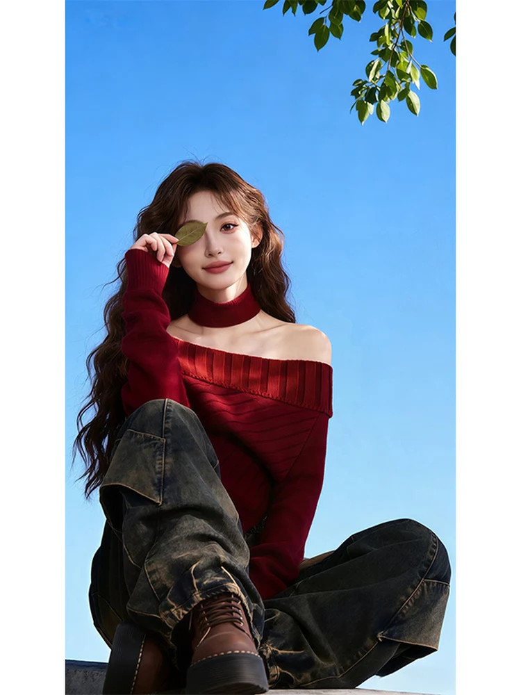 Czerwony sweter z dzianiny z motywem Cisas, wyszczuplający, z paskiem, odkryte ramiona, z szalikiem i długimi spodniami jeansowymi z wysokim stanem, casualowy, zimowy...