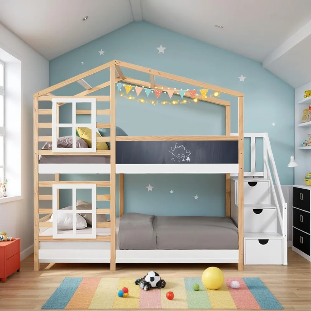 House Bunk Bed Twin over Twin, Wood Stairway Kids Bunk Bed with Roof and Safety Guardrails, Playhouse Twin Bunk Bed