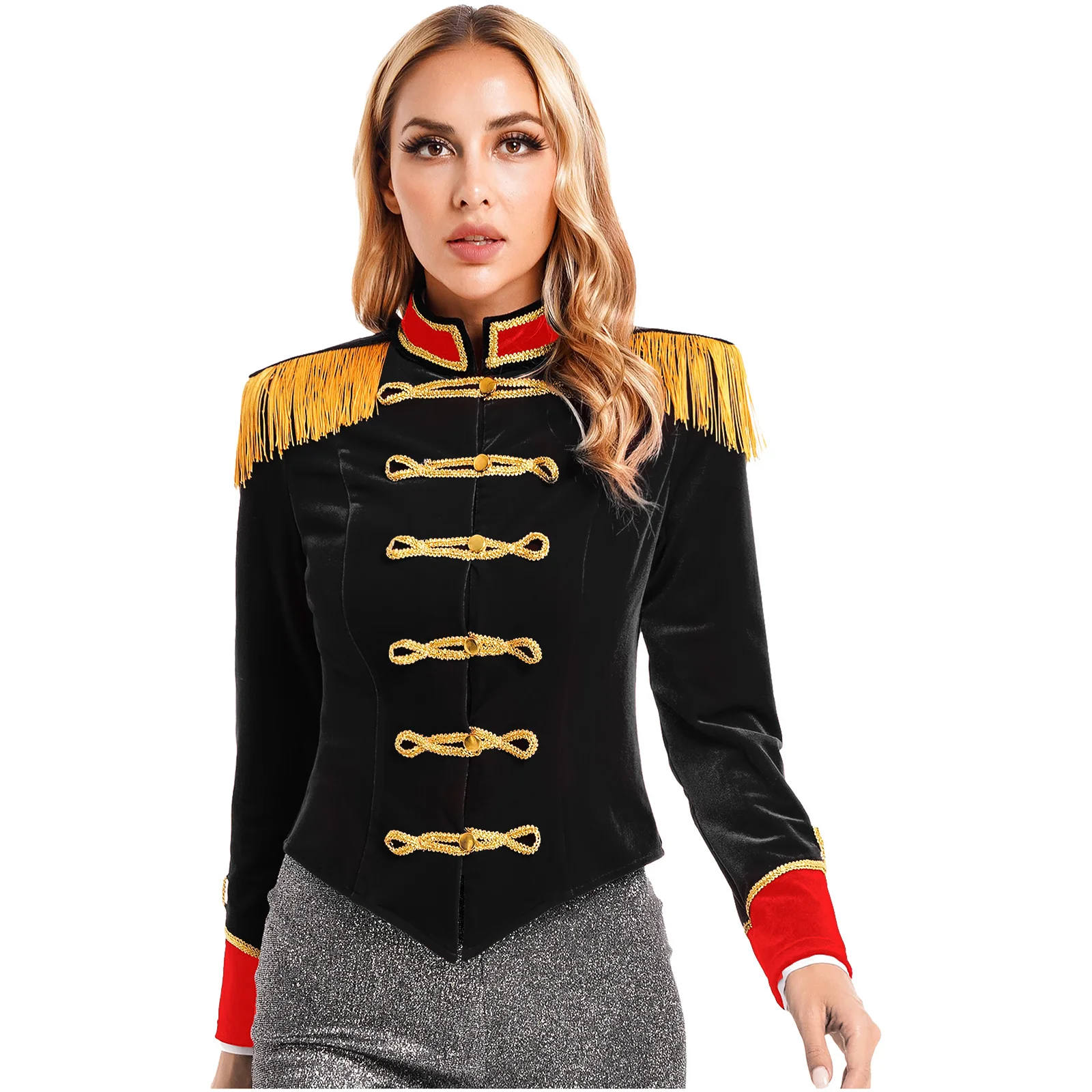 Frauen Halloween Circus Ringmaster Cosplay Kostüm Langarm Stehen Kragen Samt Jacke Mantel für Thema Party Festival Roleplay