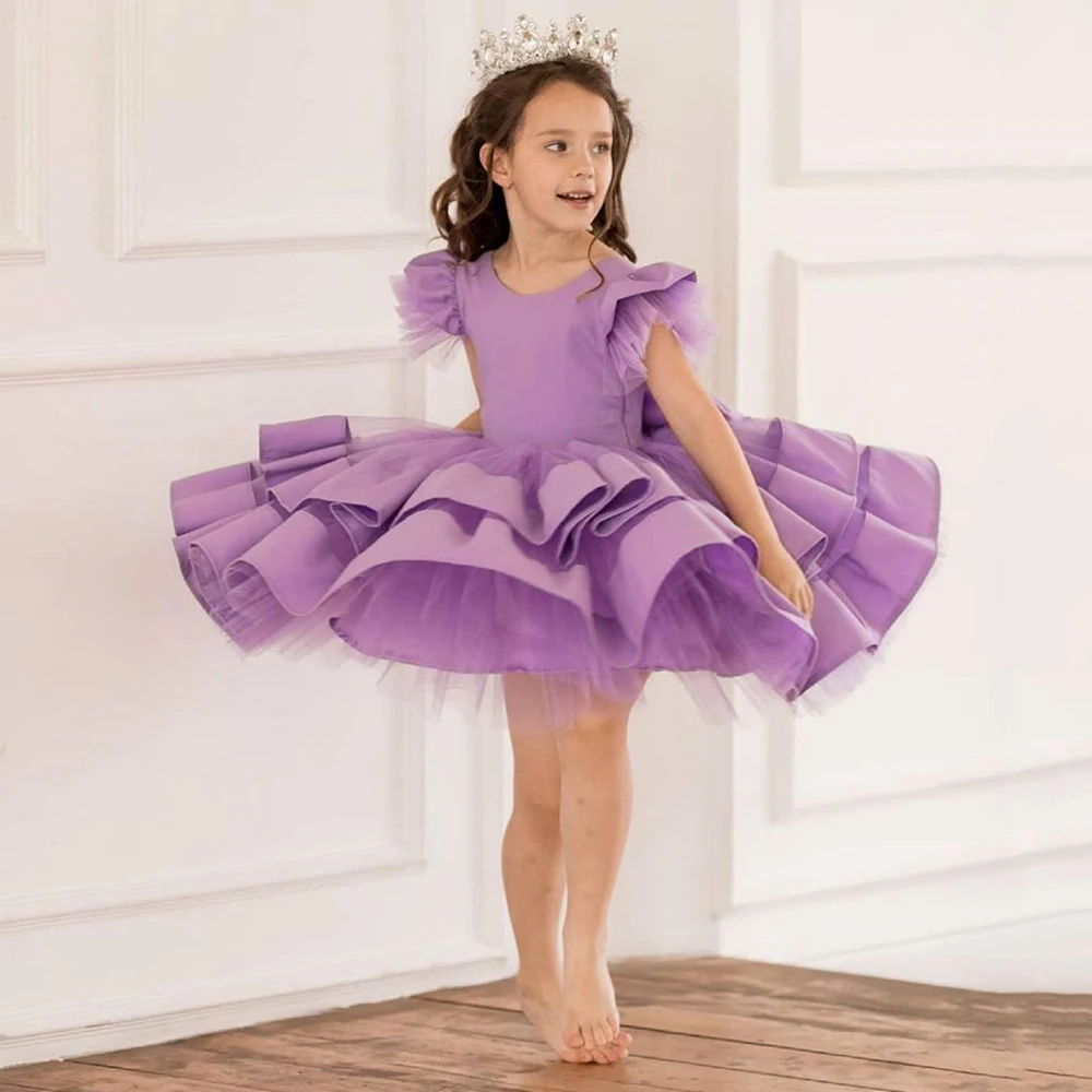 Viola Flower Girl Dress Fashion Cap Sleeve Scoop Neck Ruffles Toddler Mini Tutu Party Gown bambini abiti da prima comunione