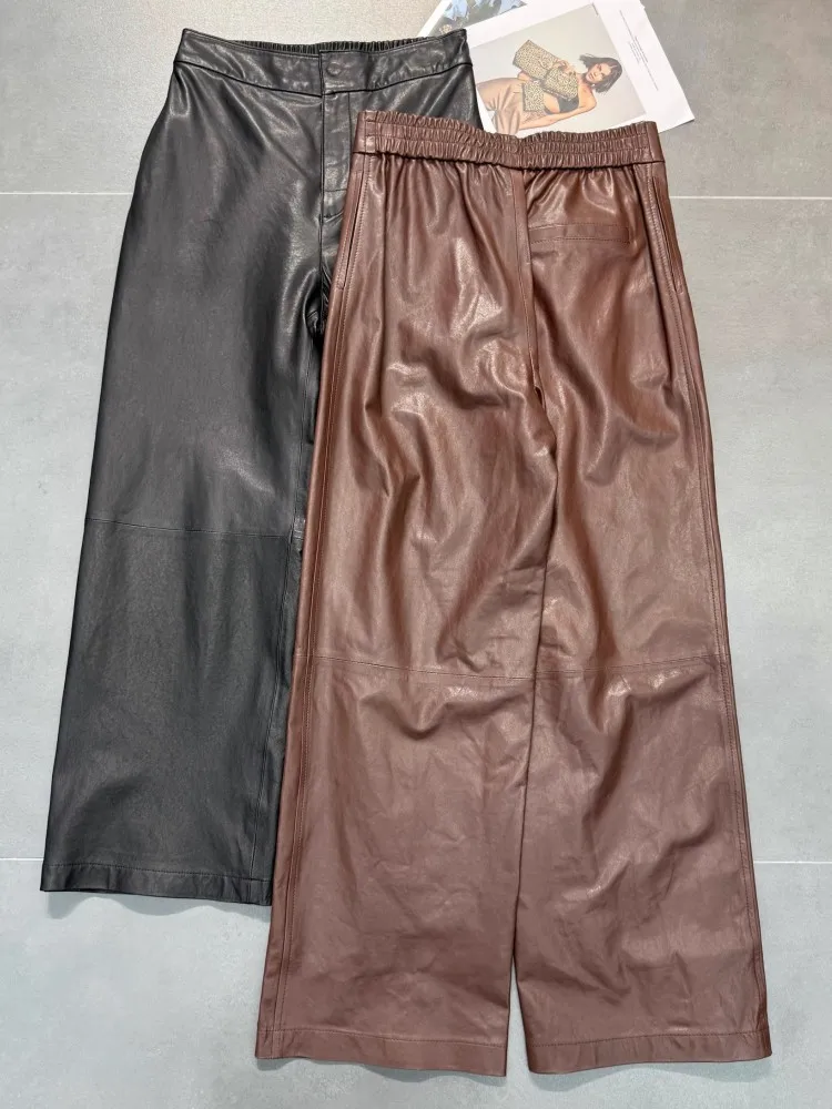 Women High Waist Natural Sheepskin Wide Leng Pants Loose Office Ladies Work Soft Genuine Leather Pants Streetwear Long Trousers