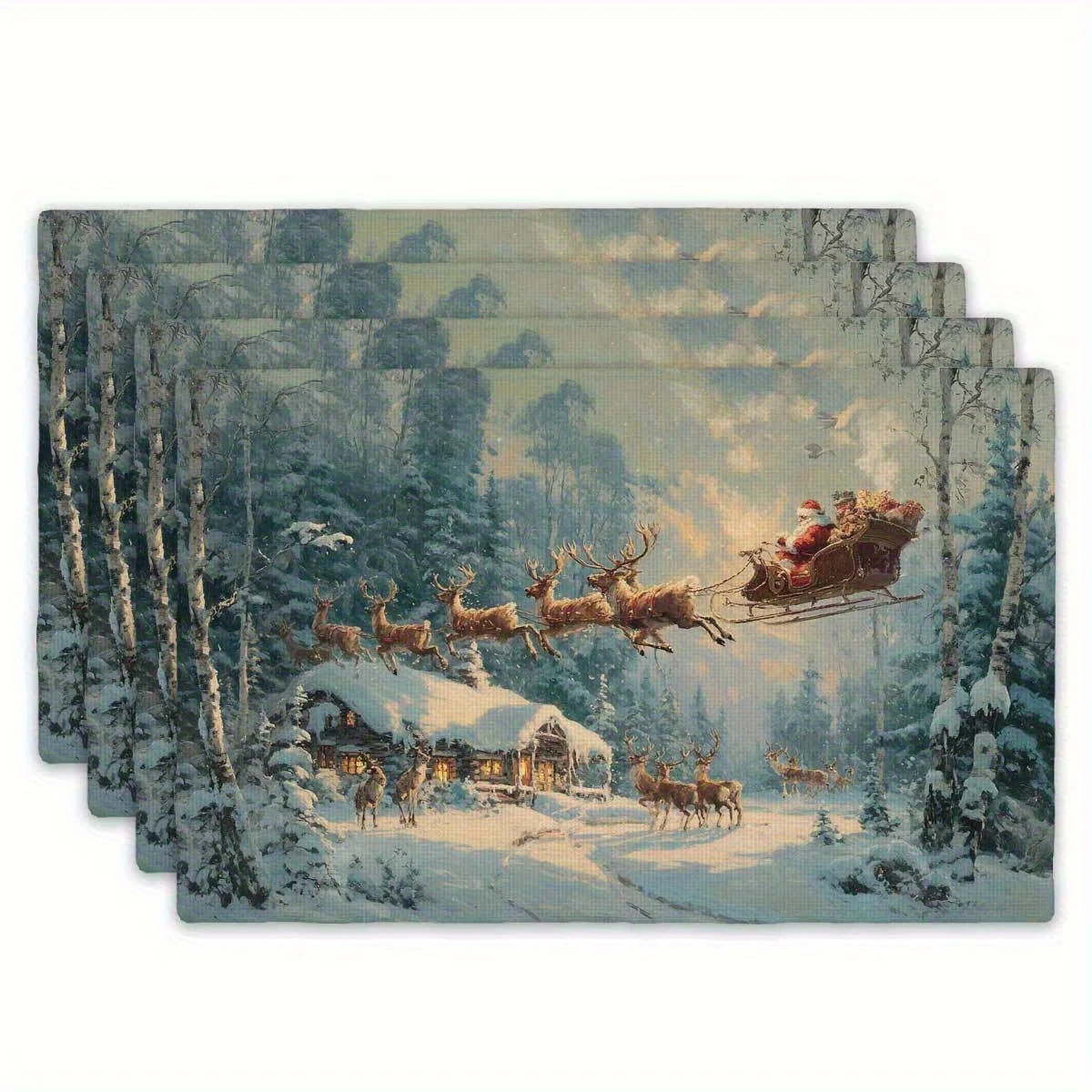 

4pcs Festive Christmas-Themed Placemats with Santa Claus, Reindeer Snowy Forest Design Washable Polyester Table Mat