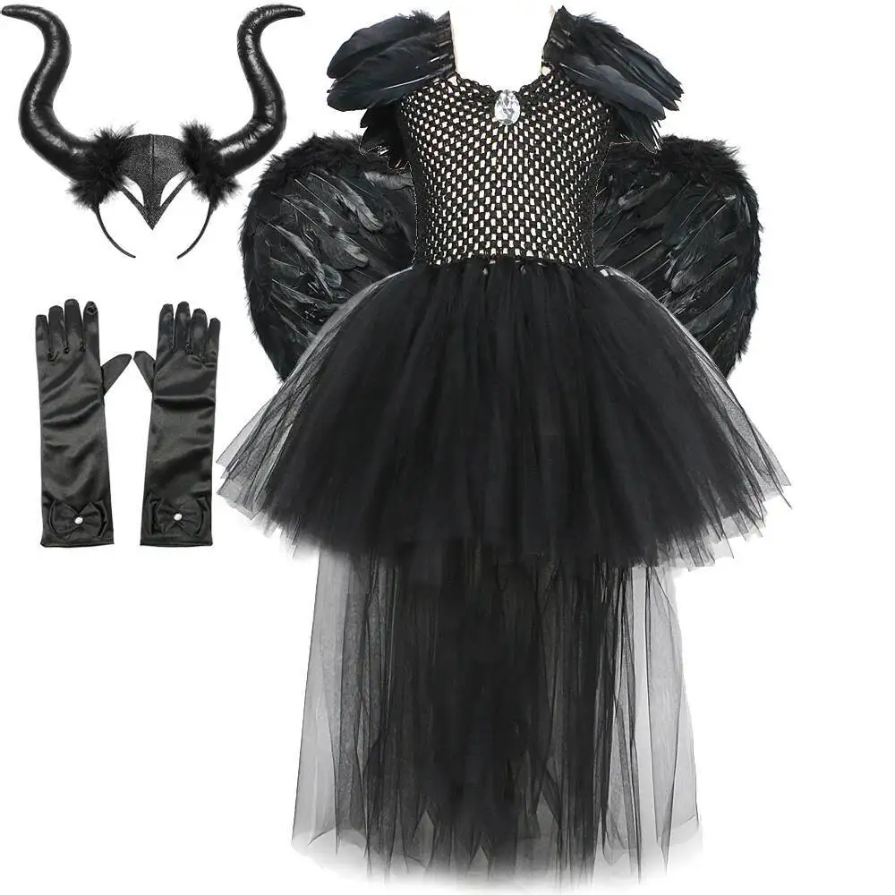 Girls Feathers Dark Angel Costumes for Kids Halloween Witch Trailing Dresses with Horns Wings Children Black Evil Demon Outfit