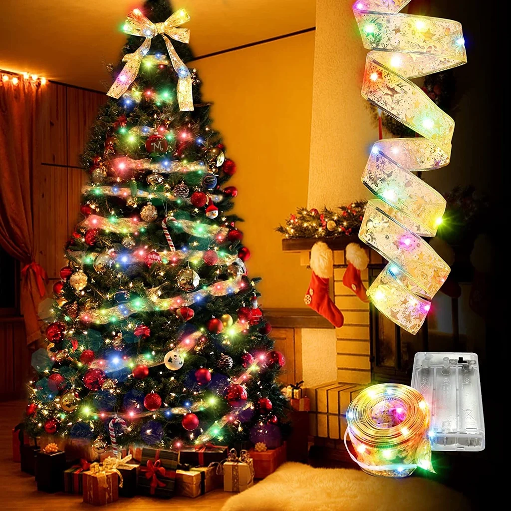 Guirlande lumineuse à ruban de noël, Double couche, bande lumineuse colorée pour arbre de noël, pliable, décoration d'emballage cadeau de noël