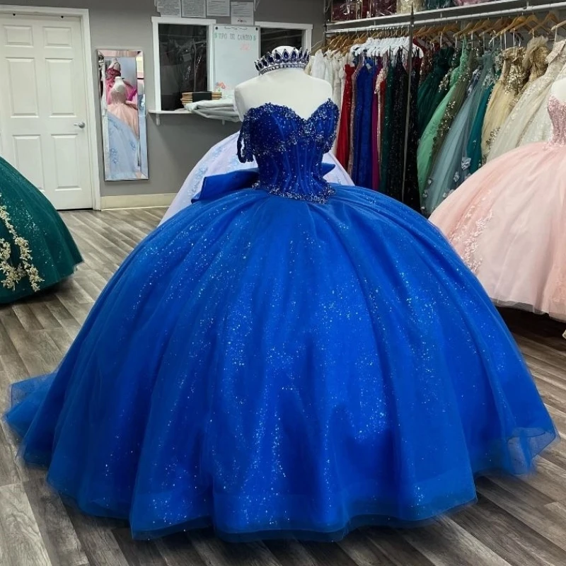 

Королевские синие блестящие платья Quinceanera, милое платье с открытыми плечами и бусинами, тюлевое платье принцессы на день рождения, сладкое 16-летнее платье