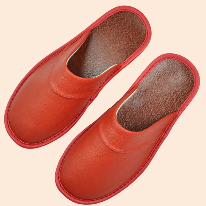 Cow Leather Slippers Unisex Big Sizes Linen Home Male Indoor House for Men\'s Slippers Women Man Slipper Luxury Soft Flat Shoes