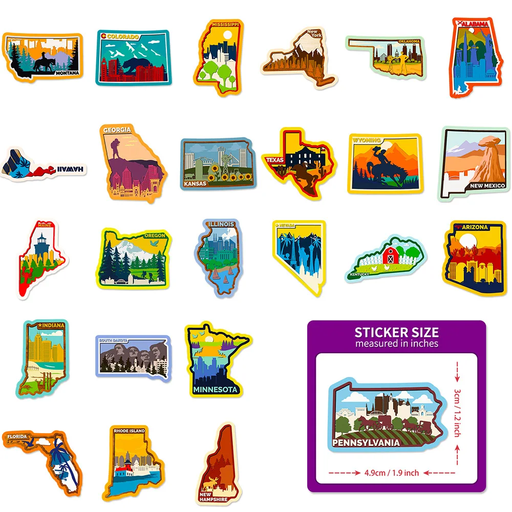 10/30/50PCS US States Cities Map Cartoon Sticker DIY Phone Laptop Luggage Skateboard Graffiti Decals Fun for Kid Gift