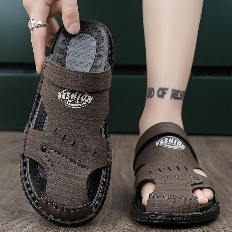 

Outdoor Beach Slippers Classic Mens Sandals Summer Genuine Leather Male Beach Sandals Soft Comfortable Male Slip-ON Man Sandals