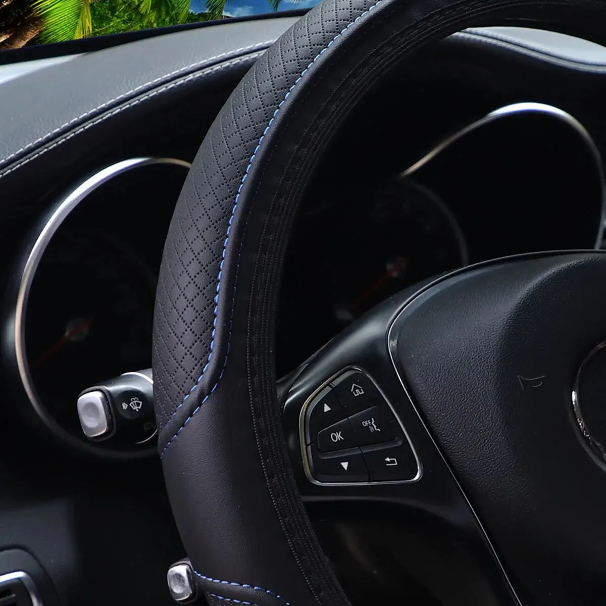 PU-Leder Doppellinien-Karomuster Geprägte 3D-Lenkradabdeckung Randlose Auto-Dekoration für Fahrzeugzubehör – Detail 9