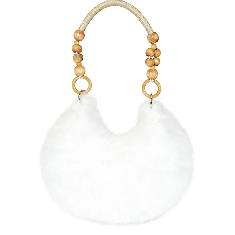

Retro Multicolor Furry Handbag Soft Beads-Chain Handle Tote Bag Faux Fur Oval Underarm Bag Versatile