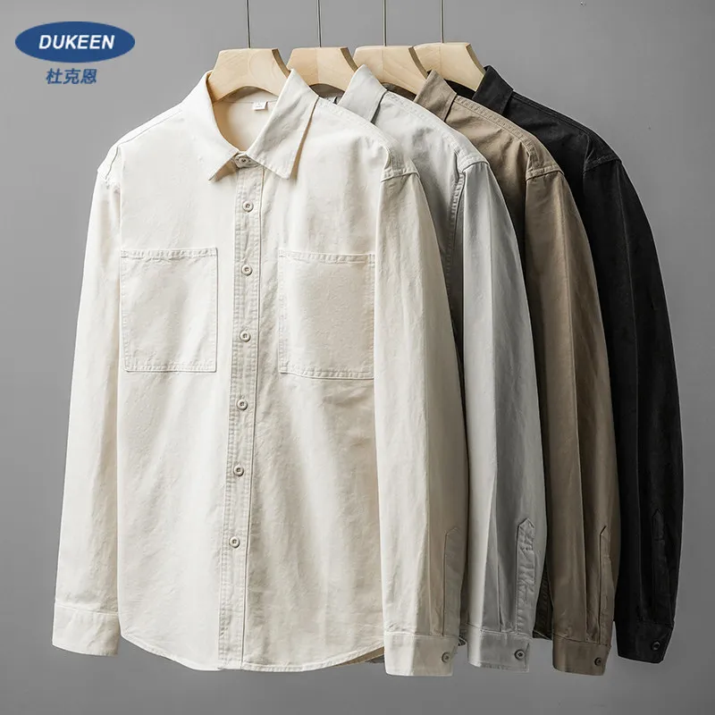 DUKEEN 400G Heavyweight Cotton Shirt Jacket Men Retro Long Sleeve Casual Work Shirt Spring Autumn Loose Fit Outerwear