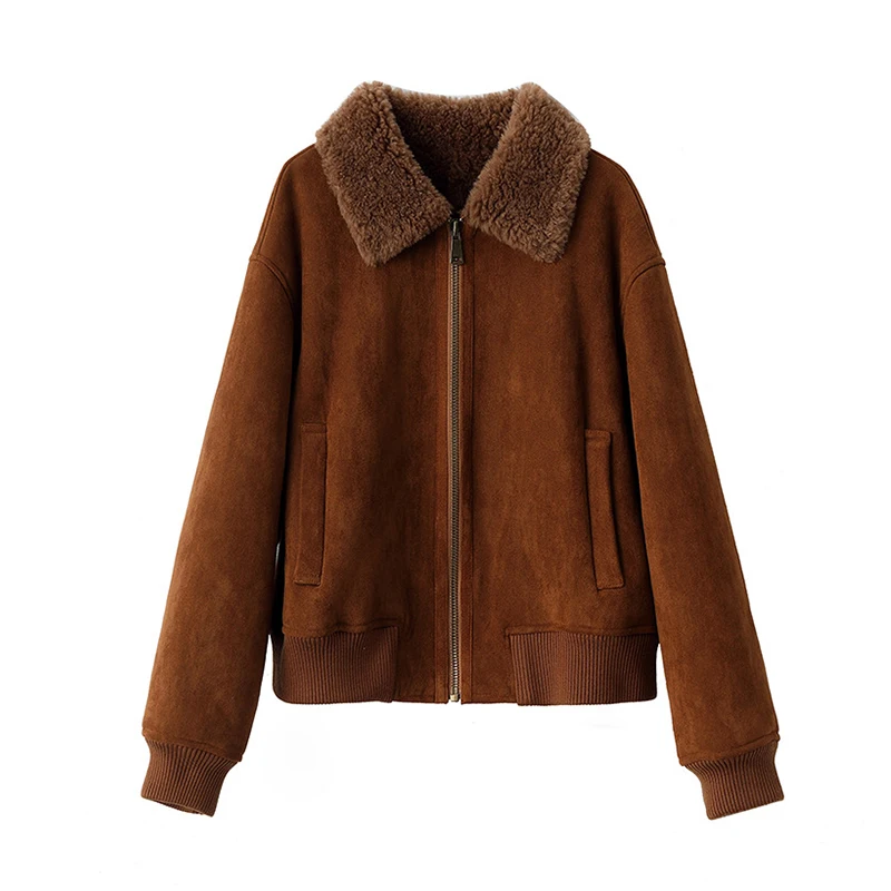 

2025 Winter Vintage Lambswool Coats for Women Casual Long Sleeve Zipper Female Suede Wool Short Thicken Warm Jacket Outwear