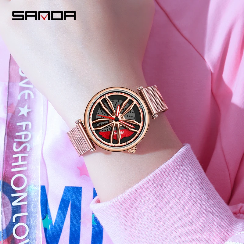 SANDA P1074 New Fashion Women Watches Sports Car Wheel Hub Waterproof Watch 360 Rotating Dial Stainless Lady Quartz Wristwatches