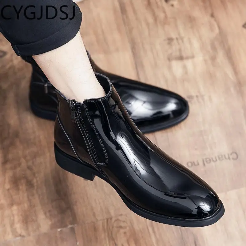 Ankle Boots for Men Patent Leather Shoes for Men Snow Boots Casuales Winter Shoes for Men Casual Shoes Black Boots Erkek Ayakkab