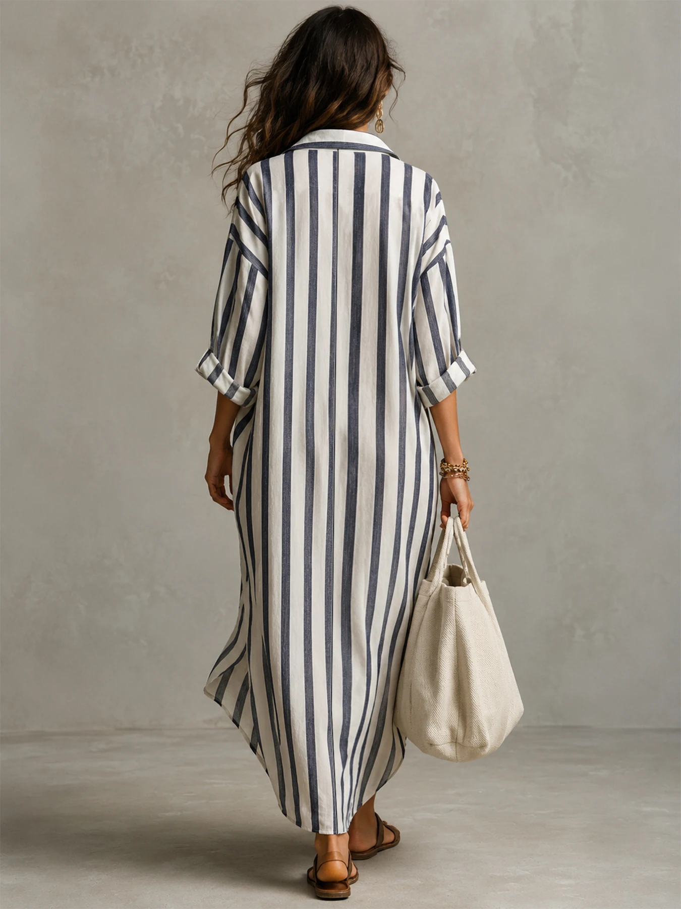Damen Langes Gestreiftes Hemdkleid V-Ausschnitt Locker Lässig Sommer Urlaub Mode Europäischer und Amerikanischer Grenzüberschreitender Stil – Detail 3