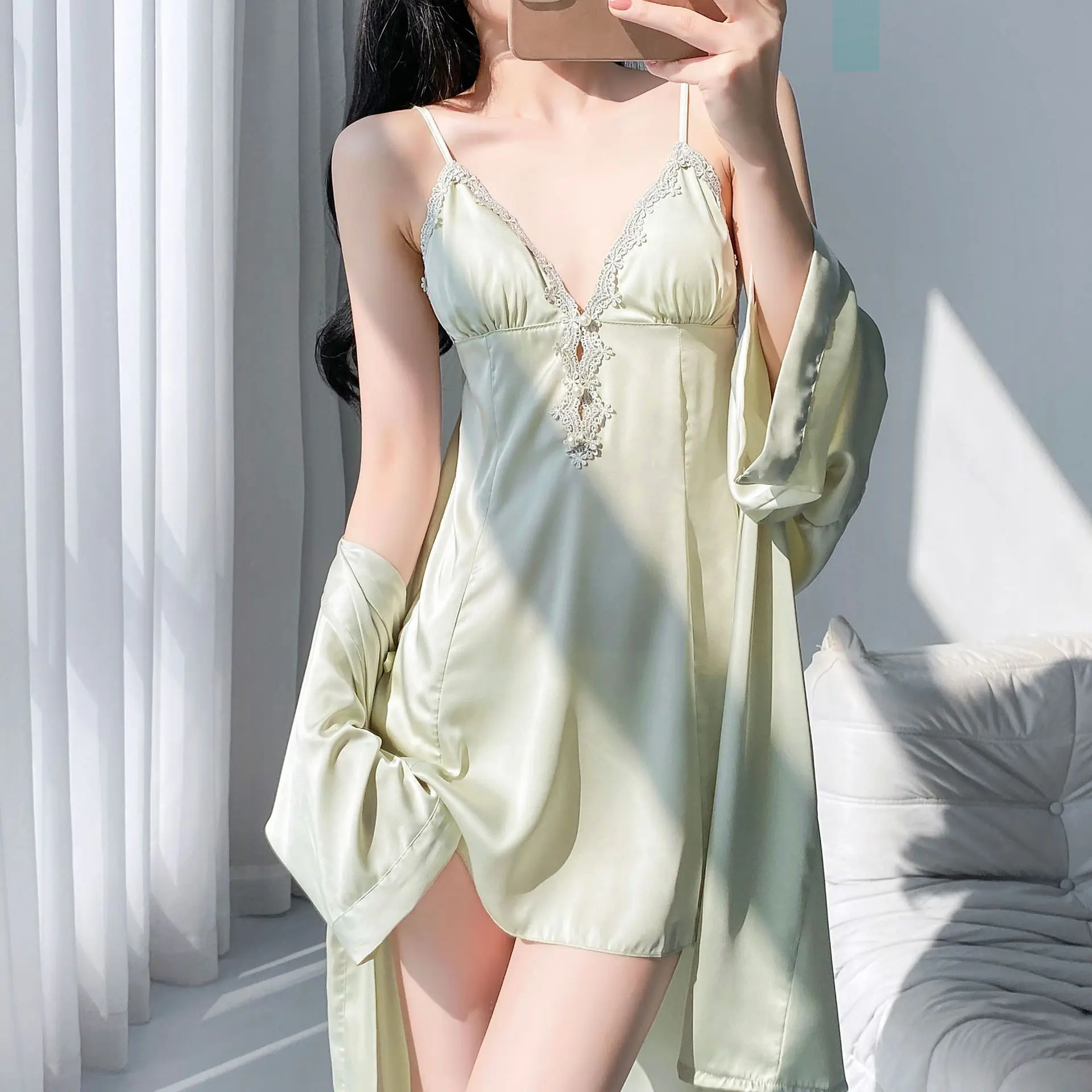 

Сексуальный однотонный комплект женского халата: новая весенне-летняя домашняя одежда, ночная сорочка из ледяного шелка