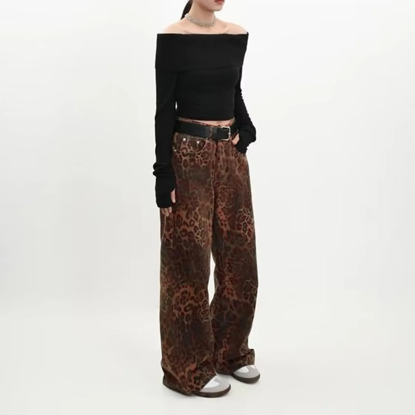 

Wide Leg Pants Women Leopard Print Jeans High Waist Washed Distressed Pockets Denims Floor Length Straight Trousers Streetwear