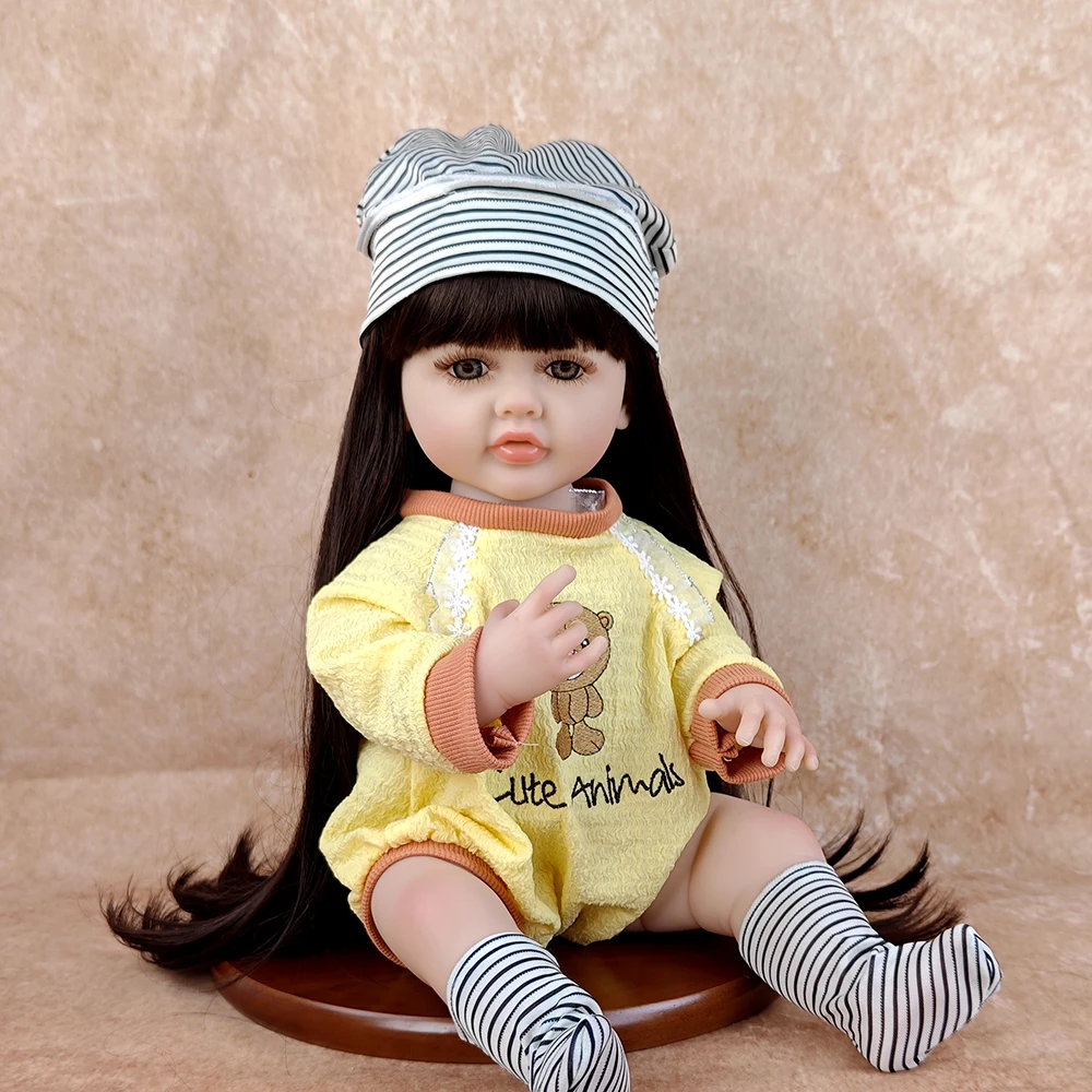 

55cm 22inch Lifelike Soft Vinyl Body Reborn Baby Girl Doll with Long Brown Hair Princess DIY Dress up Toy Christmas Gifts