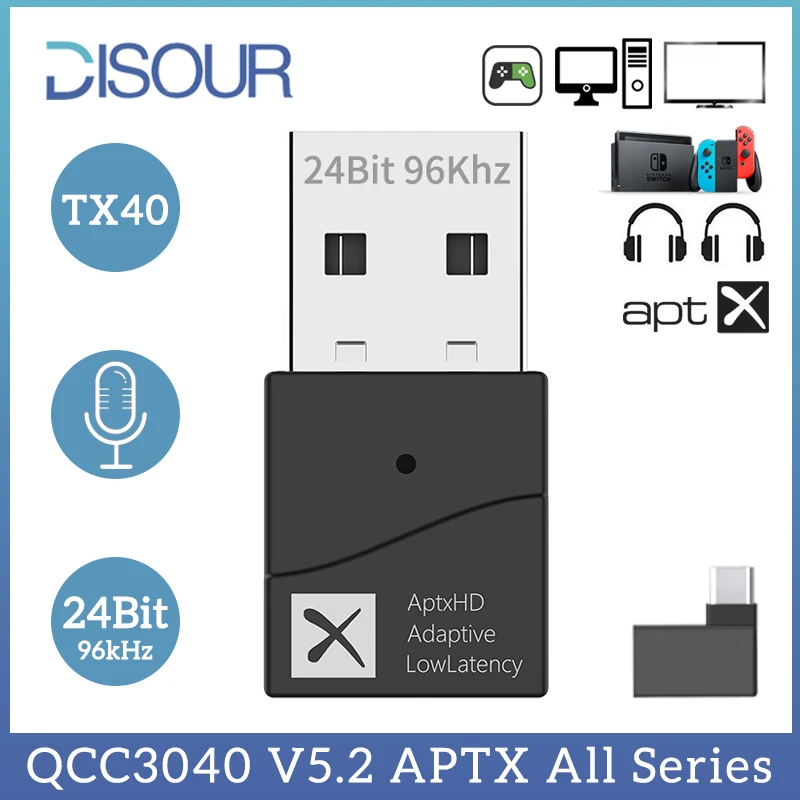 USB Bluetooth 5.2 Adapter Audio Transmitter Qualcomm QCC3040 24Bit aptX Adaptive LL HD Multipoint Wireless Adapter Low Latency