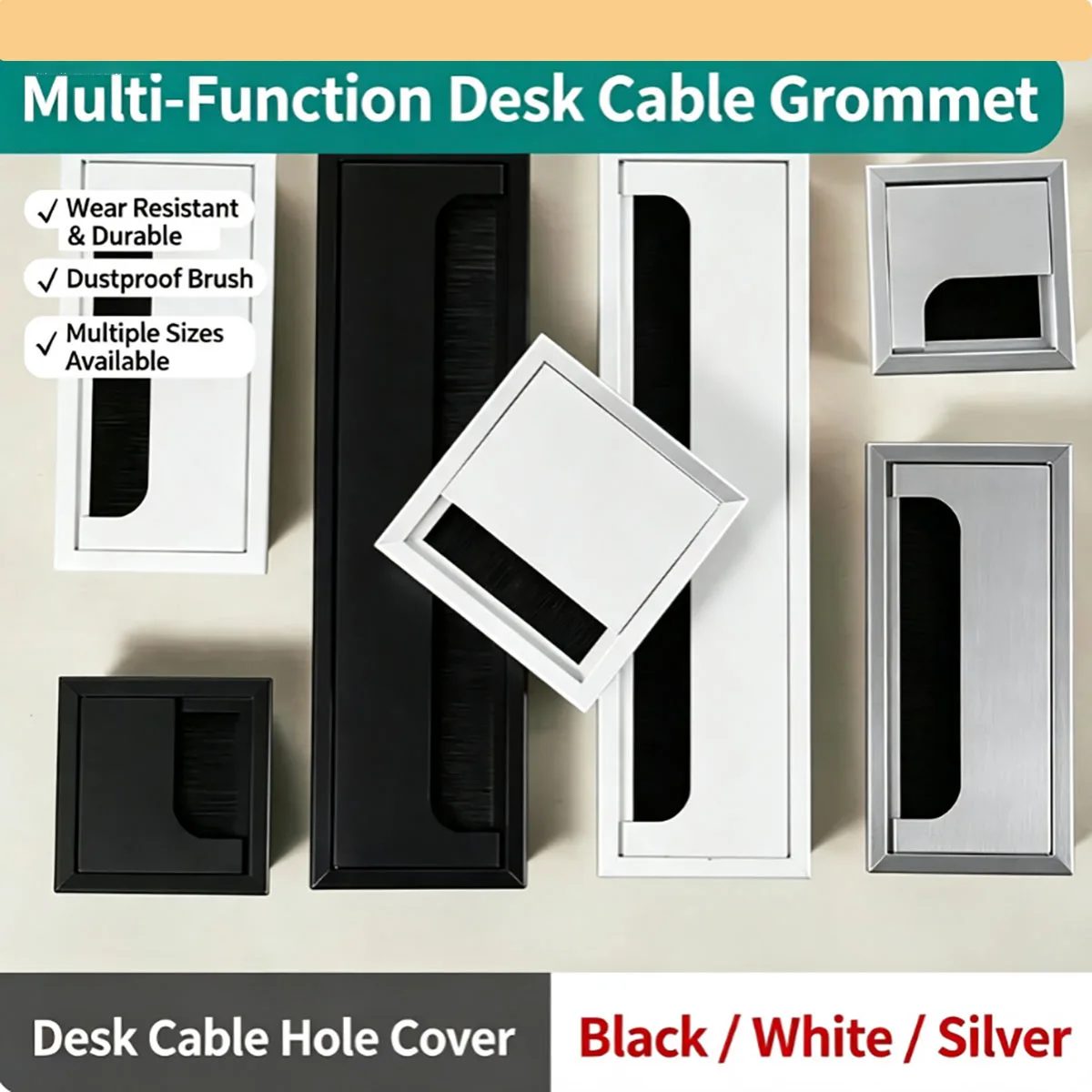 80/120/160mm Rectangular Aluminum Alloy Wire Hole Cable Grommet Cover for Office Desk Cabinet Tabletop Cable Management