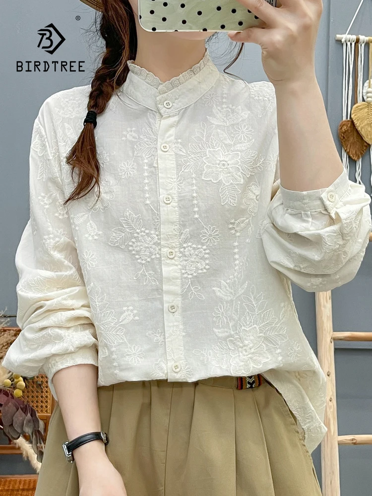 

New 2025 Autumn Cotton Long Sleeve Shirt, Women Stand Embroidery, Mori Girl French Ruffles Fairycore INS Loose Blouse T58921CC