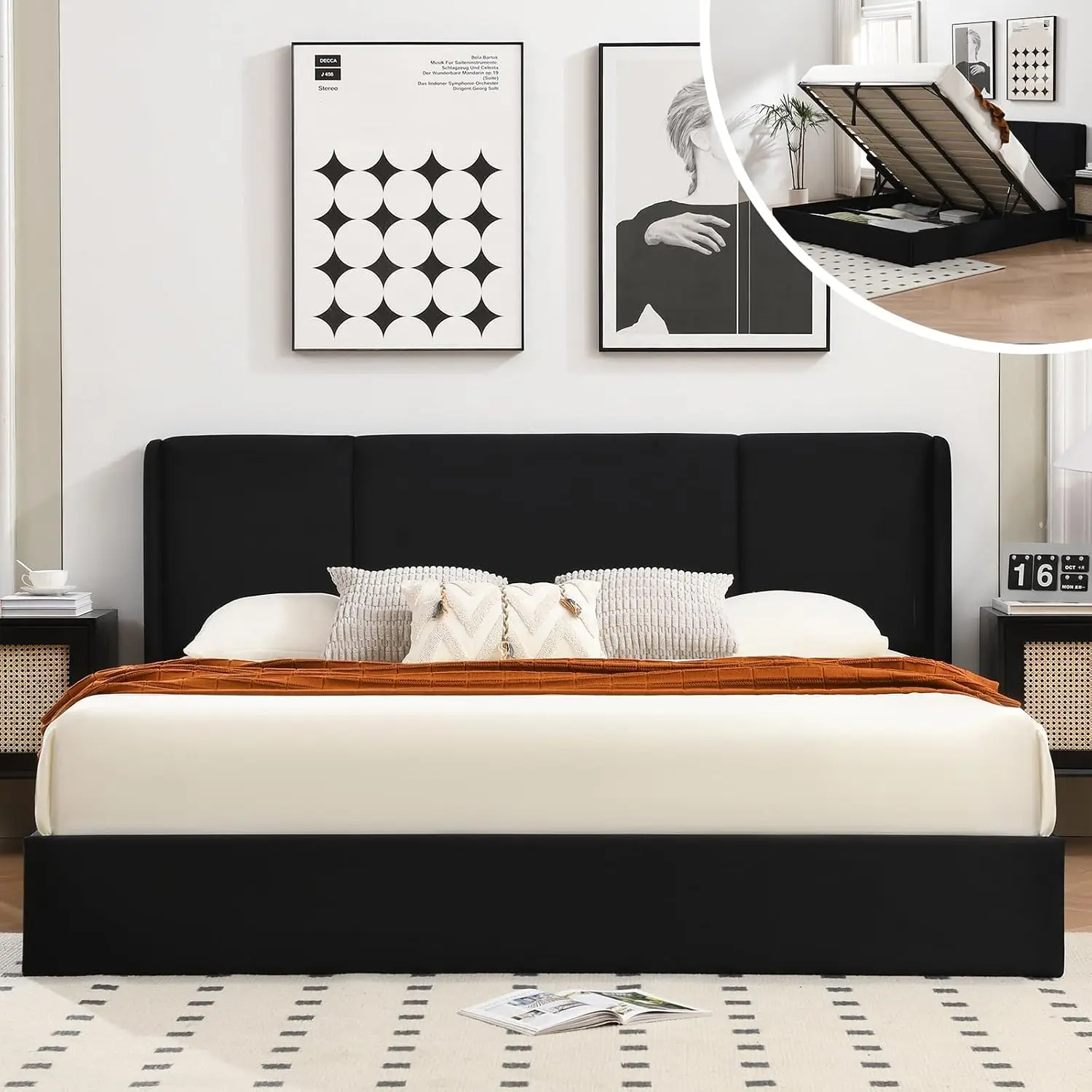 Velvet Wingback Storage Bed Frame California King Hydraulic Lift Wood Slat Support No Box Spring Black, Customized