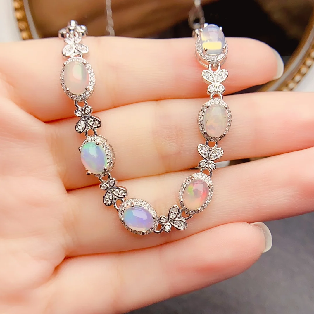

FS S925 Sterling Silver 5*7mm Natural Opal Bracelet Simple Fine Fashion Charm Weddings Jewelry for Women MeiBaPJ Certificate