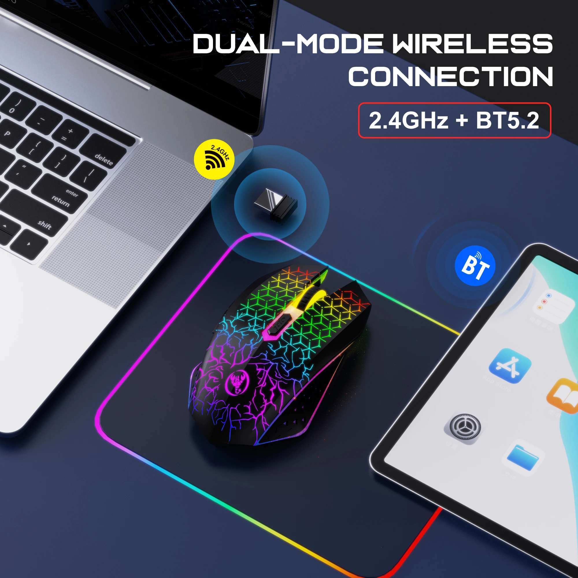 

Dual-modes Bluetooth Gaming Mouse Rechargeable 2.4G USB Wireless RGB Backlight Mouse for iPad Phone Tablet Laptop Computer