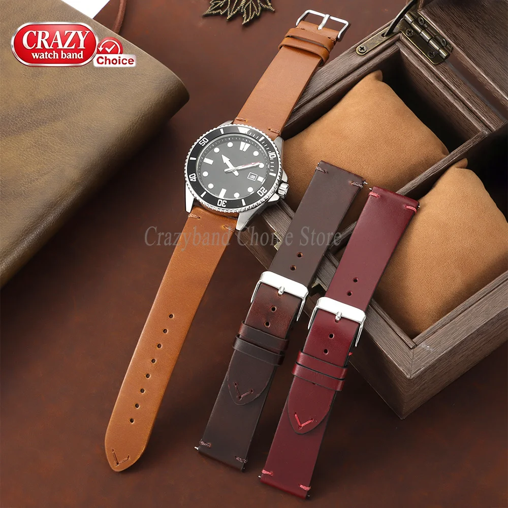 Vintage Oil Wax Genuine Leather for Seiko Watch Band 18mm19/20mm21/22mm24mm Universal Quick Release Cowhide Soft Men Woman Strap