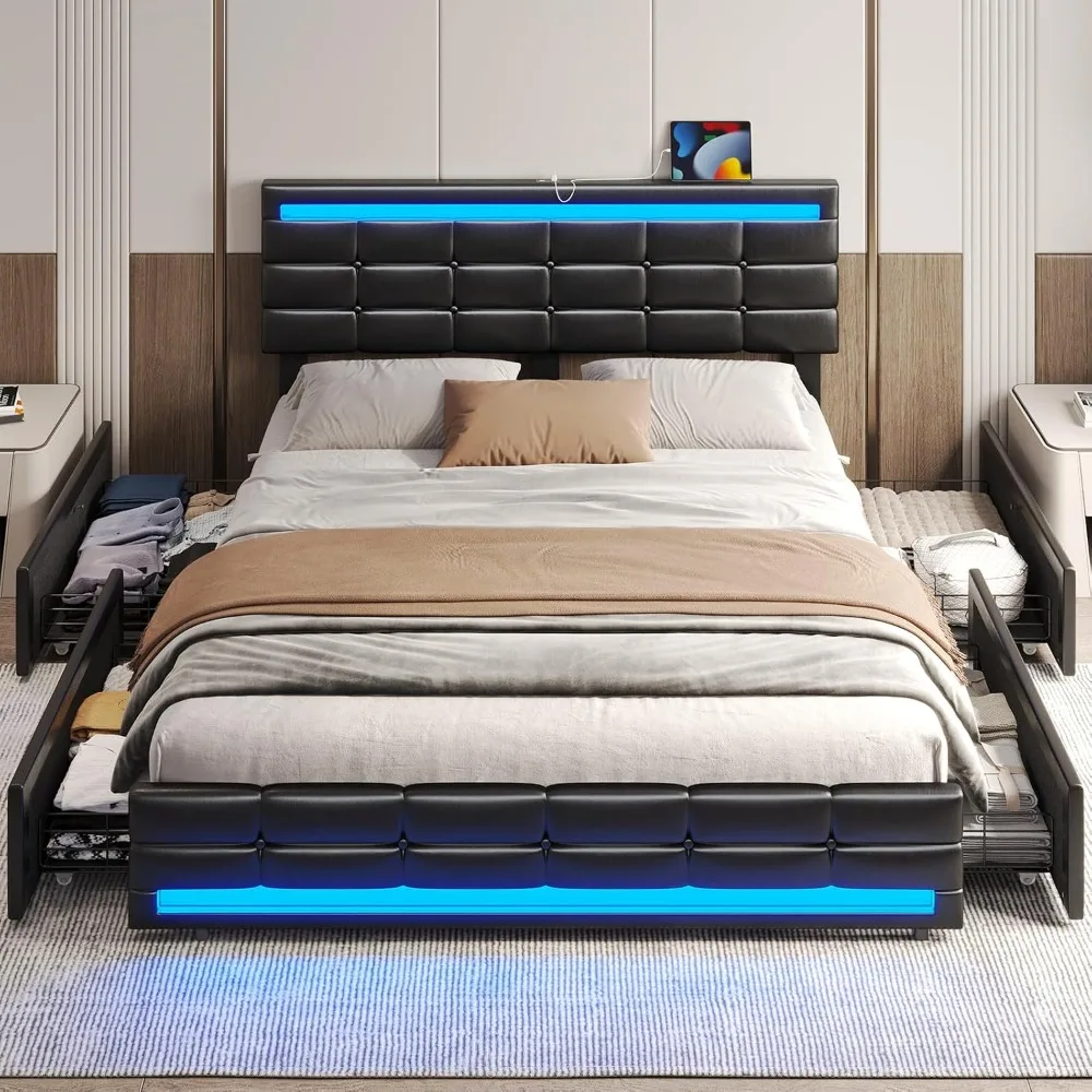 Estructura de cama grande con luces LED, cama con plataforma de cuero, equipada con cajones de almacenamiento y estación de carga