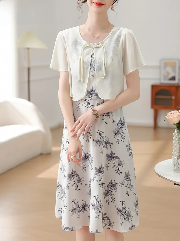 

Новая китайская летняя юбка из шифона с цветочным принтом, модная одежда для женщин среднего и старшего возраста, короткий рукав.