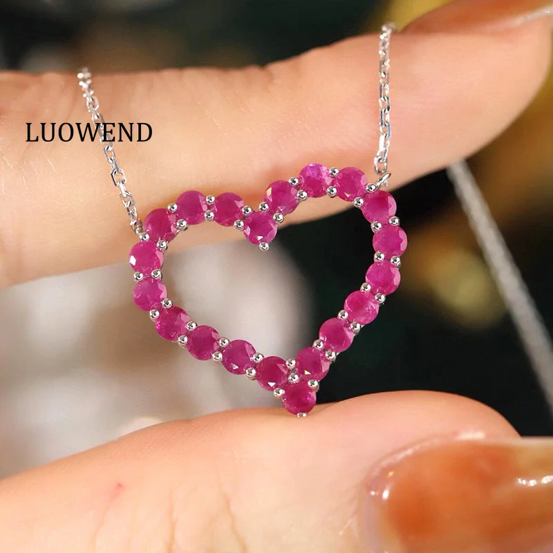

LUOWEND 100% 18K White Gold Necklace Romantic Heart Shaped Real Natural Ruby Pendant Necklace for Women High Engagement Jewelry