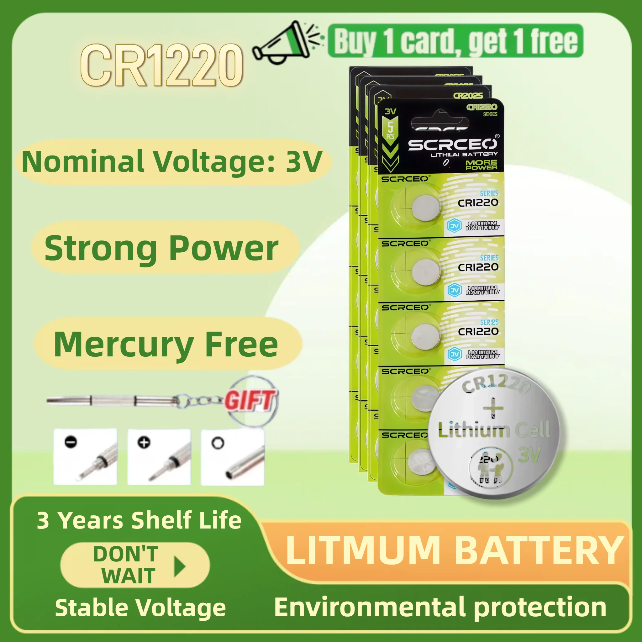 

CR1220 3V Lithium Button Coin Cell Battery Mercury Free Stable Voltage for Car Key Fob Watch Remote Control