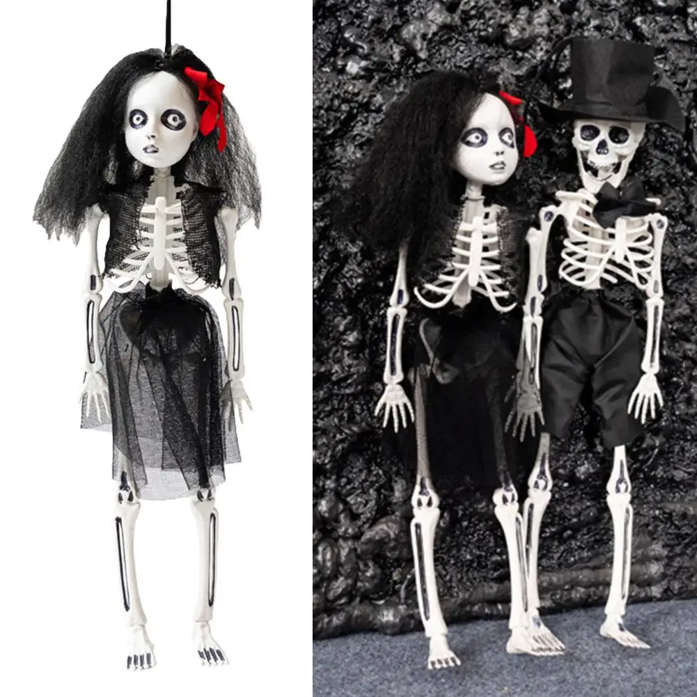 Artistic Halloween Decor Spooky Halloween Skeleton Doll Elegant Bride Statue Set for Festive Home Decor Party Atmosphere