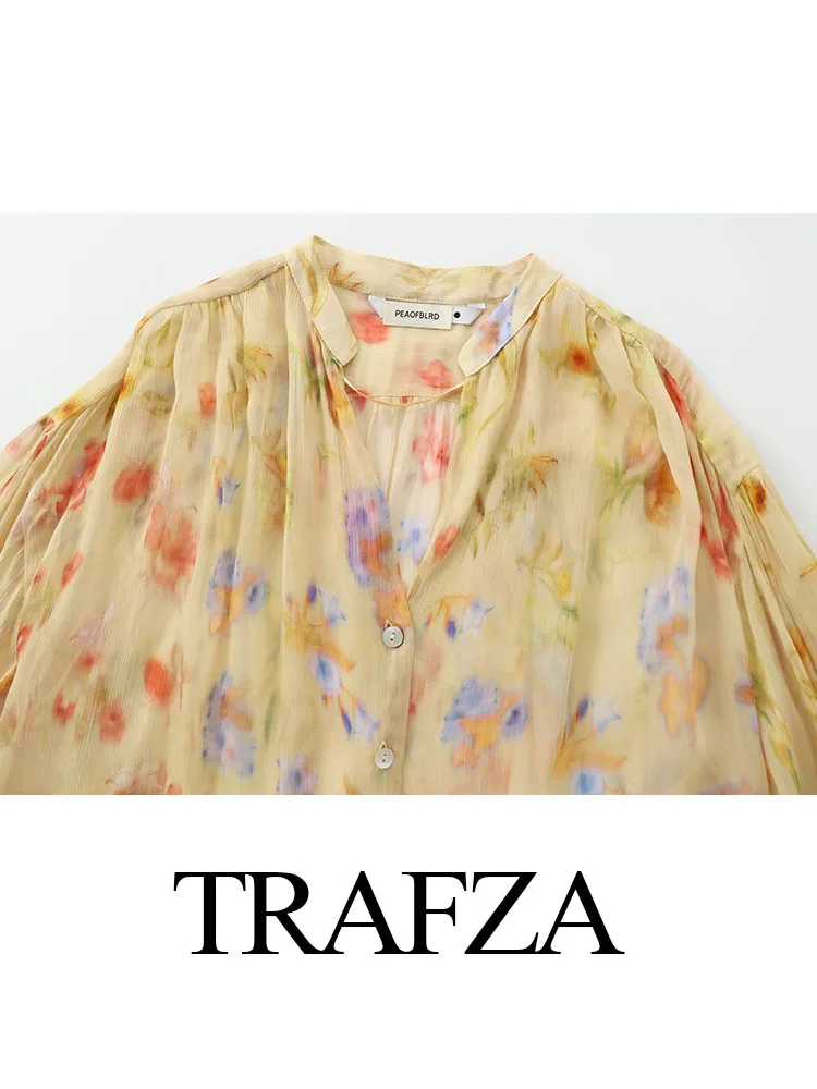 TRAFZA Summer Woman's Chic Puff Sleeves Single-breasted Printed Loose Shirt Female Casual Elegant V-Neck Versatile Top Mujer