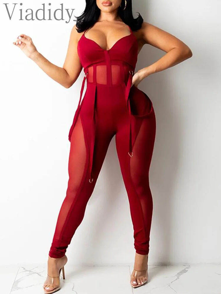 Women Sexy Solid Color Spaghetti Strap Sheer Mesh Patchwork Skinny Jumpsuit