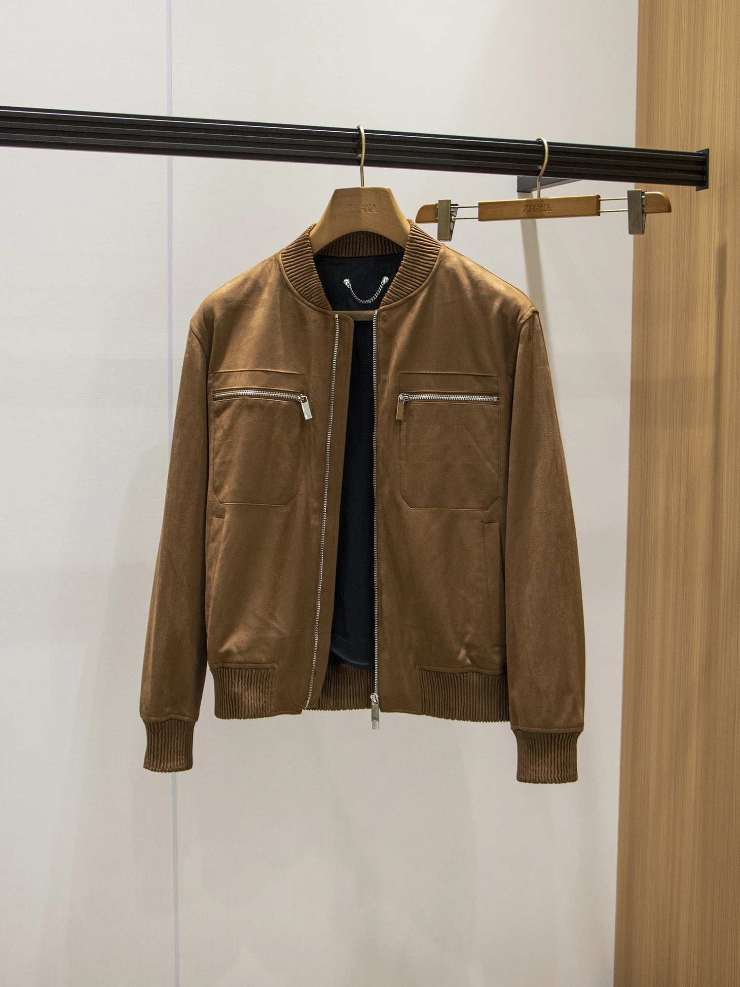 High-end baseball collar bomber jacket with custom-dyed suede fabric