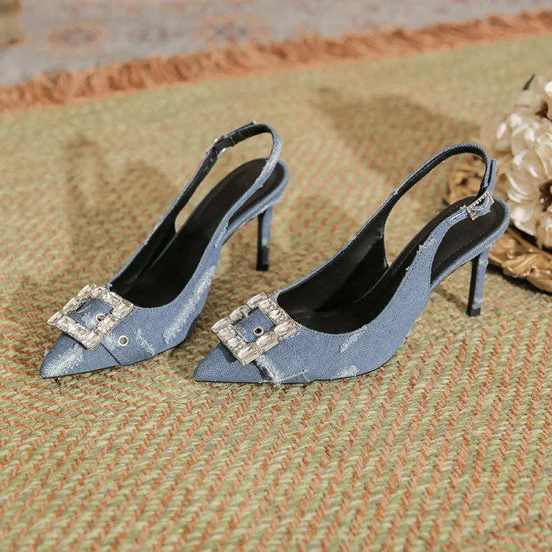 Vrouwen Sexy Blauwe Denim Strass Hoge Hakken Zomer Koreaanse Mode Sandalen Puntschoen Dunne Hakken Pompen Feestjurk Casual Schoenen