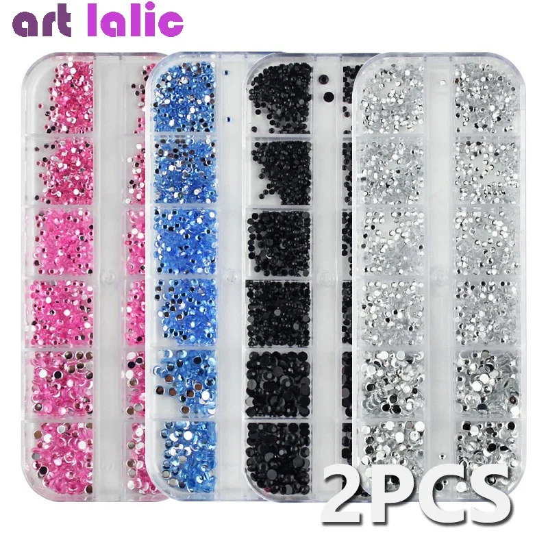 2 cajas de diamantes de imitación para decoración de uñas, colores surtidos, plateado, negro, rosa, azul, 1,5-3mm, brillo redondo, parte posterior plana, decoración DIY con estuche rígido