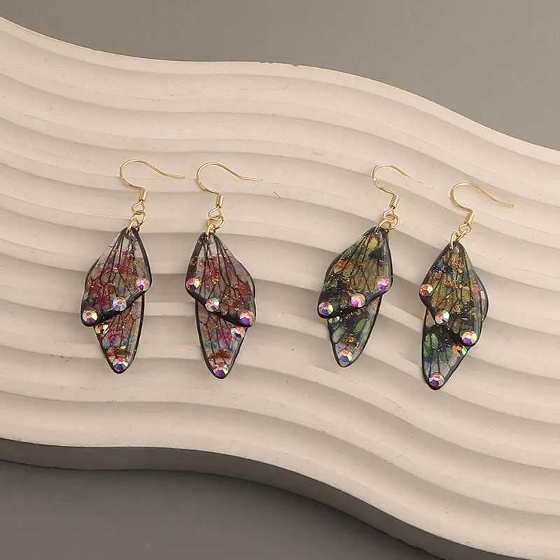 Minar Must Have Multiple Colorful Resin Rhinestones Double Butterfly Wings Dangle Earrings for Women Wedding Holiday Jewelry