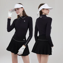 Female Golf Clothing Long Sleeve Golf T-shirt Women Polo Collar Golf Tops High-waist Pleats Skirt Golfer Skorts with Inner Short