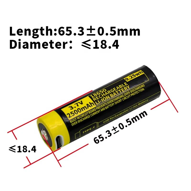 MATOV 2500mAh USB Type-C 18650 Battery 3.7V Rechargeable Li-ion Battery for Flashlight Microphone Fan Electric Razor
