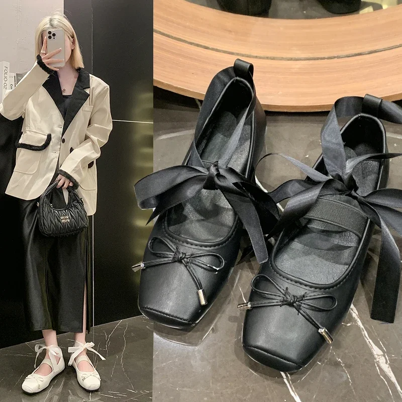 Sapatos rasos de fragrância pequena para mulher, sapato de balé preto, corte raso, estilo francês, novo, 2024