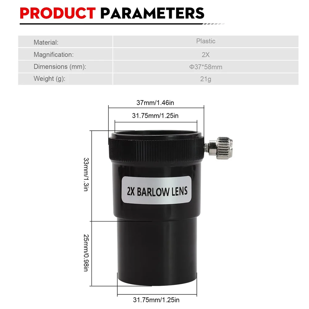 EYSDON 1.25'' 2X Barlow Lens Plastics Fully Multi-Coated Optical Magnification Extender