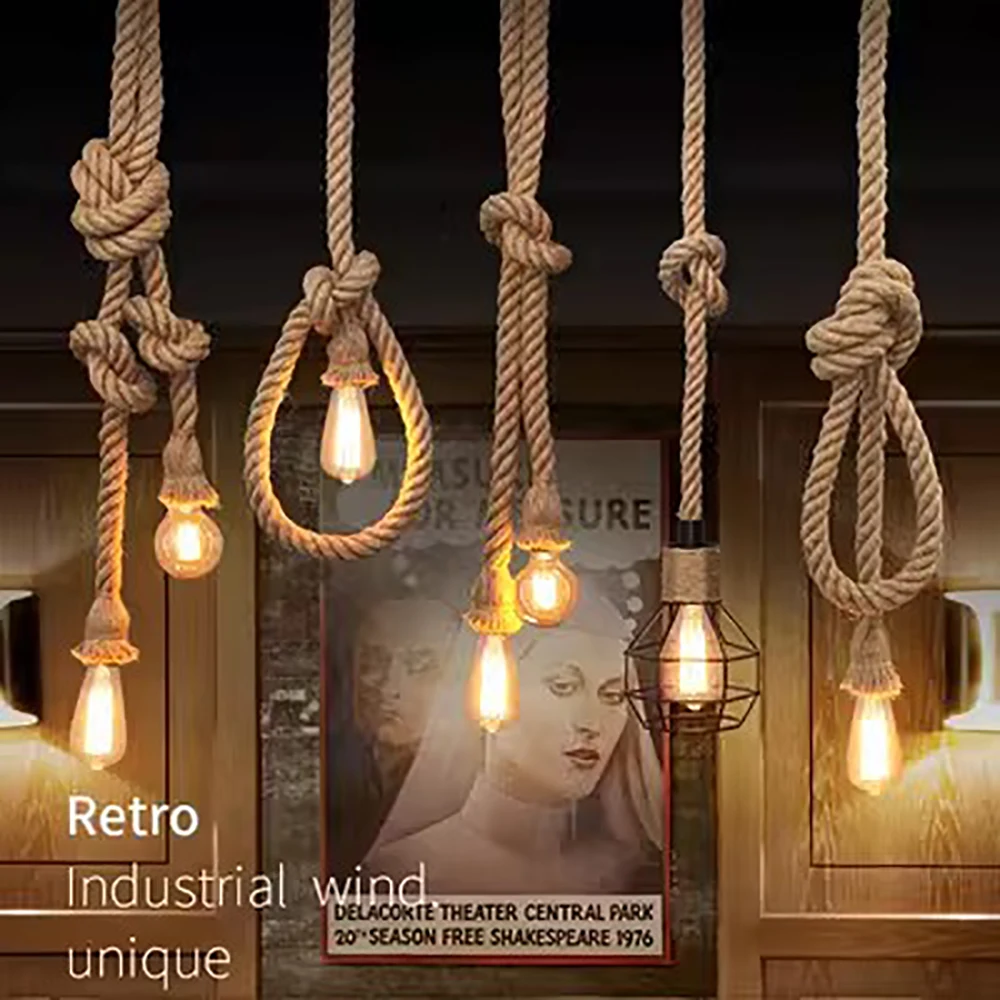 Lampu gantung tali rami antik lampu gantung industri Retro lampu langit-langit gaya negara loteng kreatif lampu LED E27 Edison