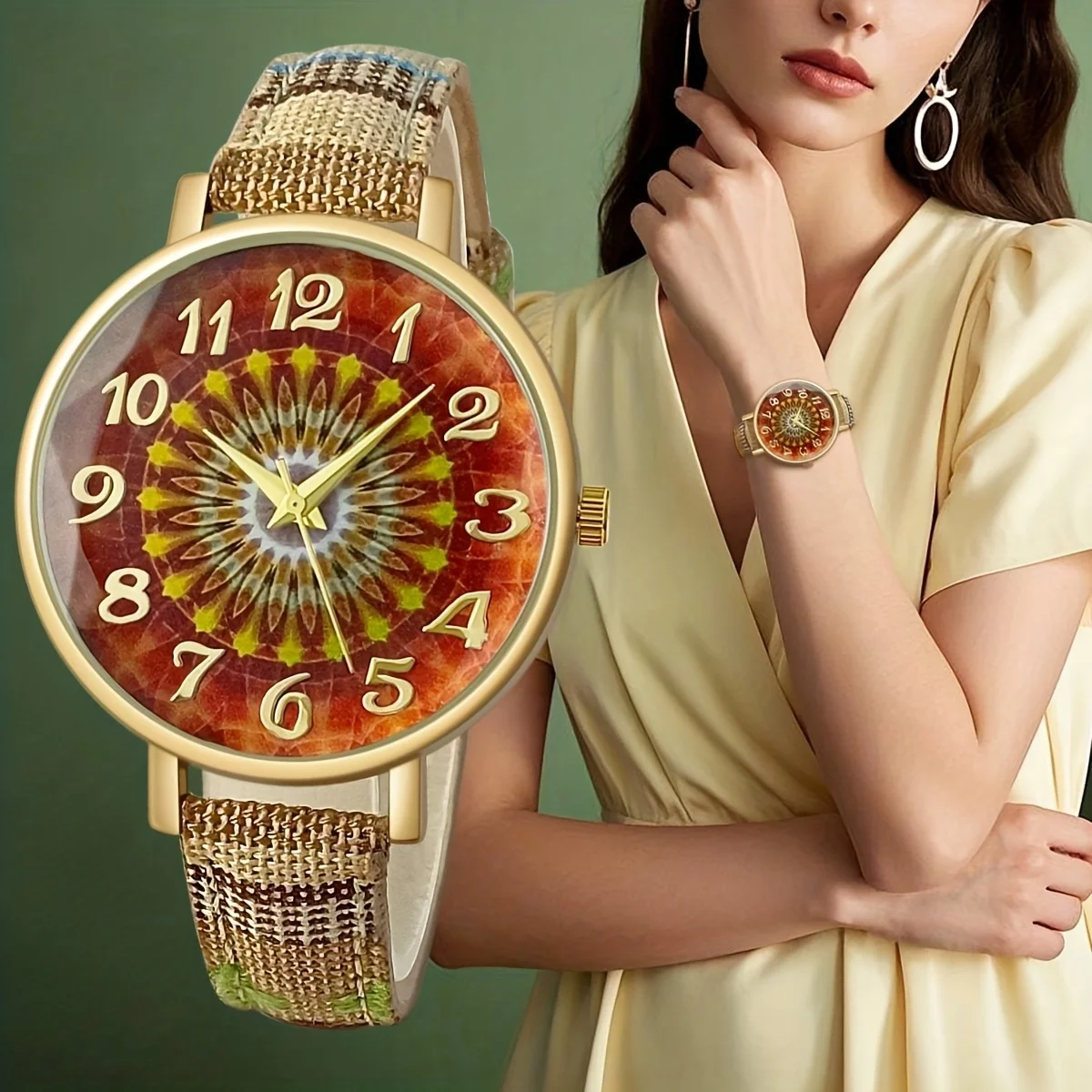 Fashion Bohemian Retro Style Large Dial Multi-color Matching Arabic Numeral Scale PU Leather Strap Women's Quartz Watch